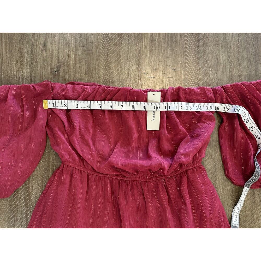 NWT Francesca’s Off The Shoulder Red Wine Shimmer Mini Ruffle Dress Size Medium - Picture 9 of 16